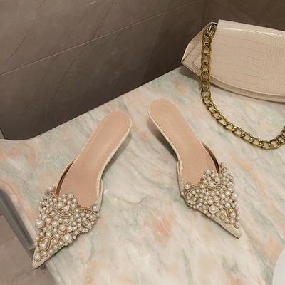 Spring Autumn Fashion Sexy Women's Shoes Elegant String Bead Crystal Patchwork Slip-On 35-42 Thin Heels Slipper NEW 2025 Ladies