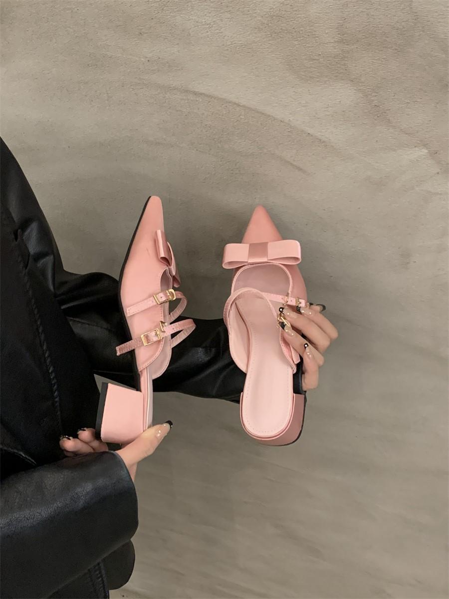 

French temperament bag head half slippers outer wear 2025 summer new fairy style bow high heel single shoes women s shoes 35 розовый
