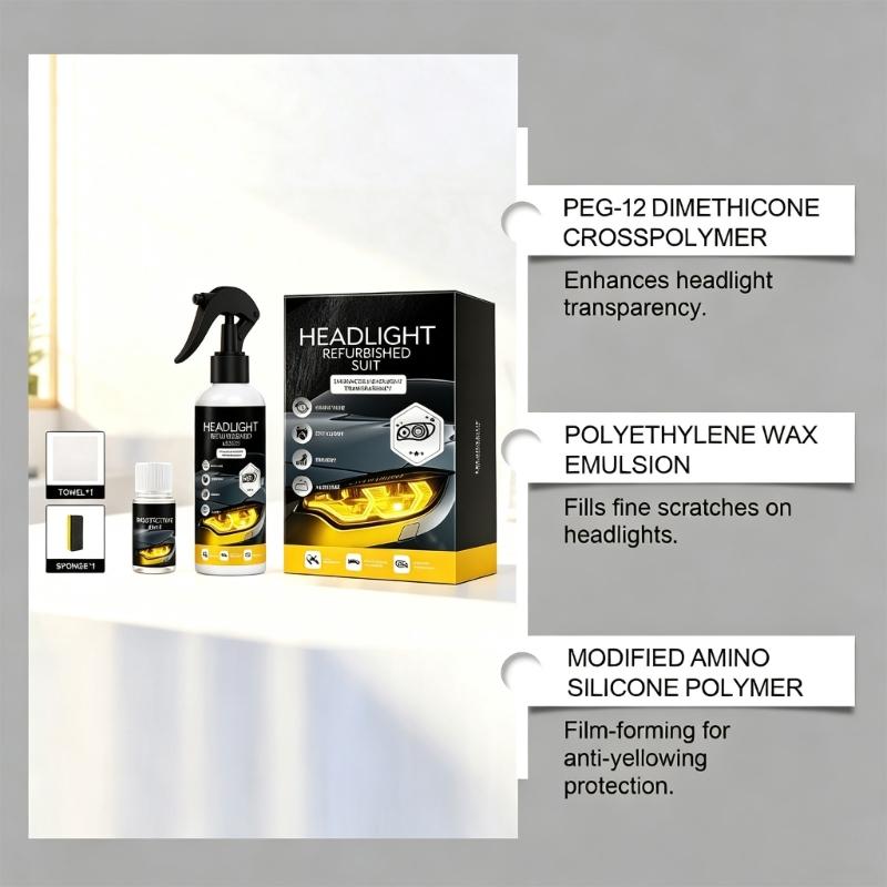 Vehicle Headlight Polish and Protective Restoration Kit, Lens Appearance Care with Pump Mist, Sponge and Microfiber-Style Cloth for Daily Use