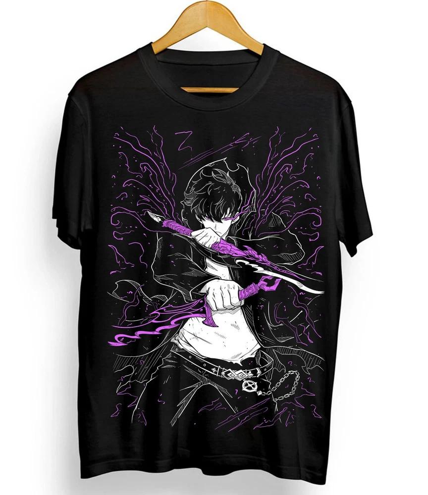 Anime Solo Leveling Sung Jinwoo Purple Flame Graphic Black TShirt Size S4XL S