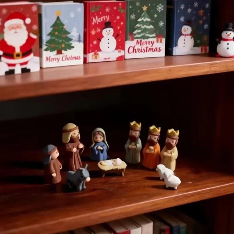 Small Xmas Nativity Manger Set Iron Box Pocket Holy Family Mary Jesus Shepherd Animal Figurines Christmas Easter Desk Decor Gift
