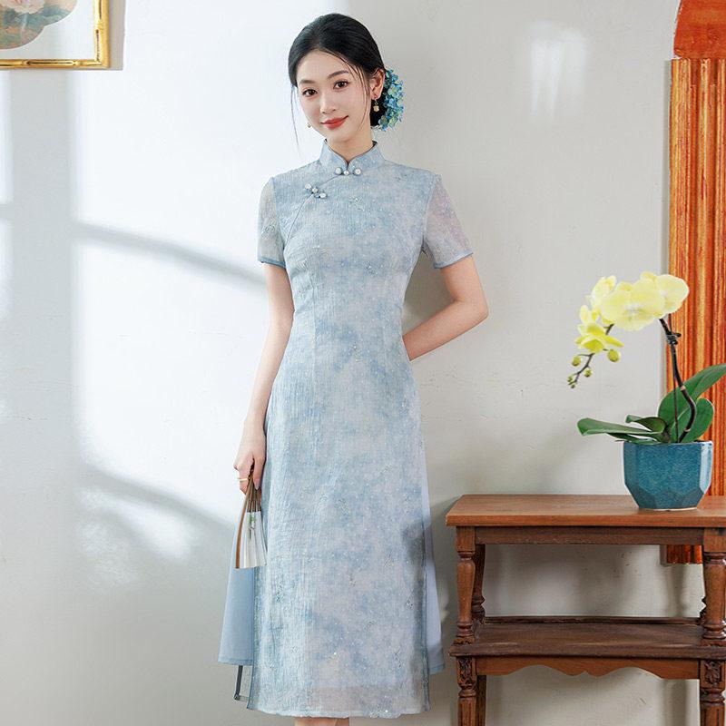 Blue thin mother national style new Chinese style Aodai improved cheongsam new women s high-end dress summer M