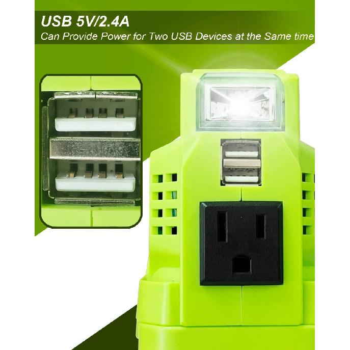 150W Power Inverter Generator Fit for Ryobi 18V Lithium Battery, DC 18V to AC 110V-120V Portable Power Station, with 2 USB & AC Outlet & 200LM LED