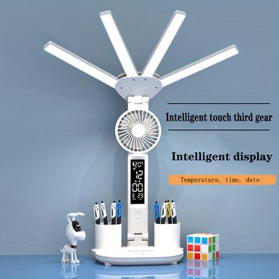 1-teilige Schreibtischlampe mit Augenschutz, klappbare LED-Schreibtischlampe, wiederaufladbar, 4-Kopf-Ventilator, intelligente Schreibtischlampe für Studentenwohnheime, Leseschreibtischlampe für den Schreibtisch
