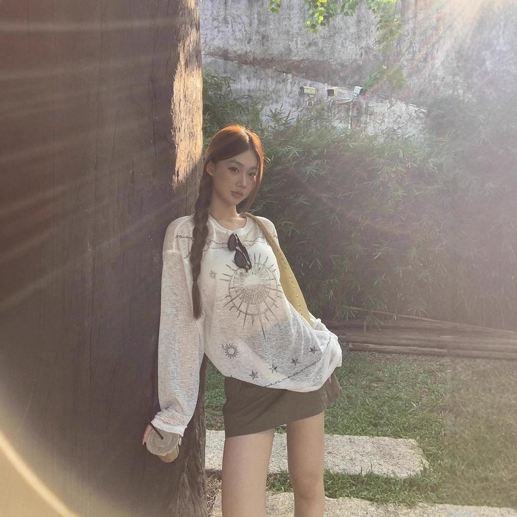 [Sunscreen Fabric] Korean Wear Printed Long Sleeve T-Shirt Women's Summer Loose and Skinny Spice Girls Sunscreen Top Tide