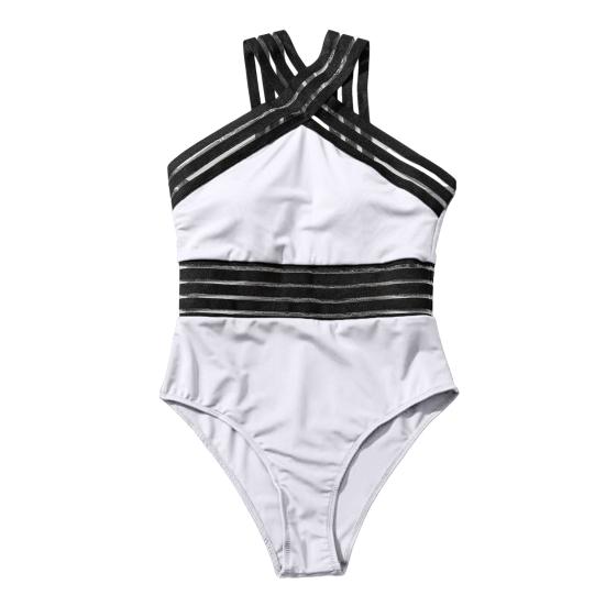 Kadınlar Seksi Monokini Crossover Halter Tek Parça Mayo Hollow Mesh Ekleme Yüksek Bel S-Şekilli Mayo Beachwear