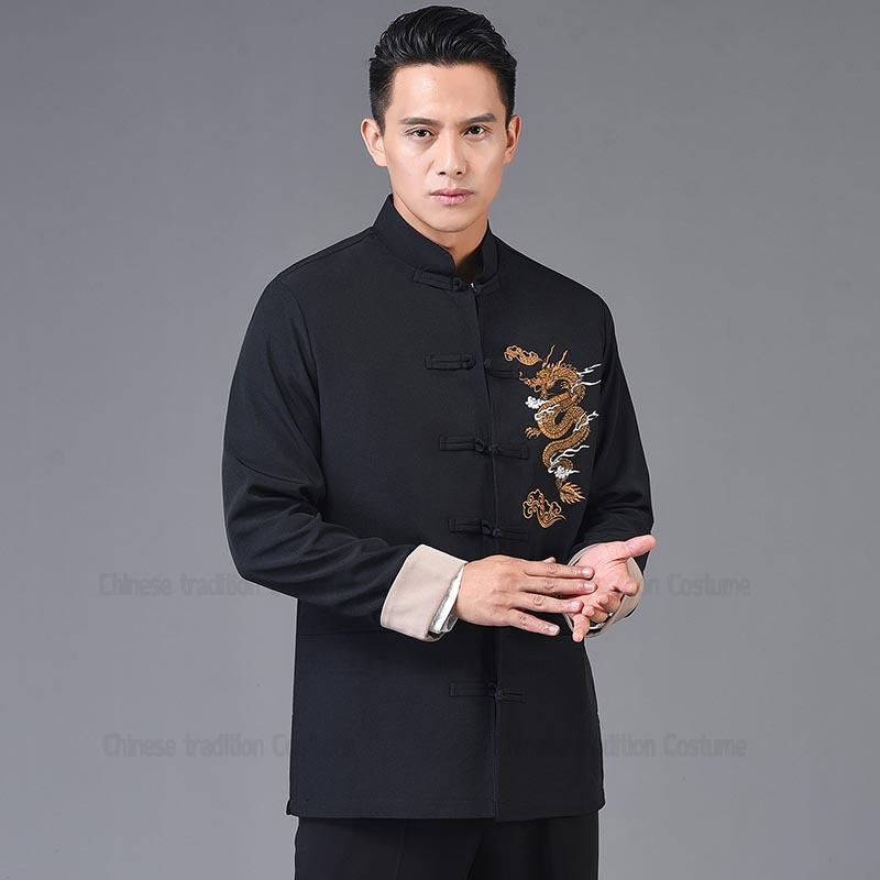 Chinese Style Hanfu Tang Clothes Men Balck Jackets Cotton Embroider Dragon Kong Fu Costume Traditional China Clothing Plus Size