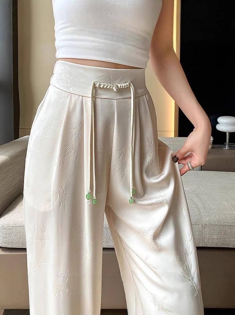2025 Spring/Summer Women's Jacquard Satin Wide-Leg Pants: High-Waist, Buttoned, Slim-Fit, Casual Trousers.
