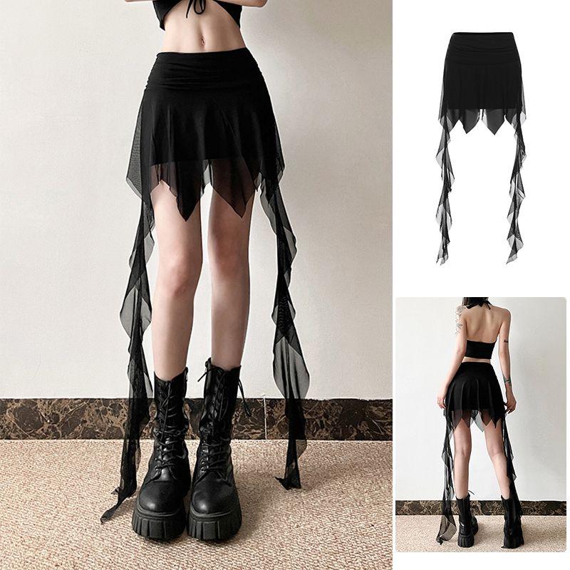 

Sexy Mesh Lace Stitching Ruffles High Waist Skirt Women s Stylish Slim Looking Women s Team Irregular Hip-Wrapped Dress VP14 Black L