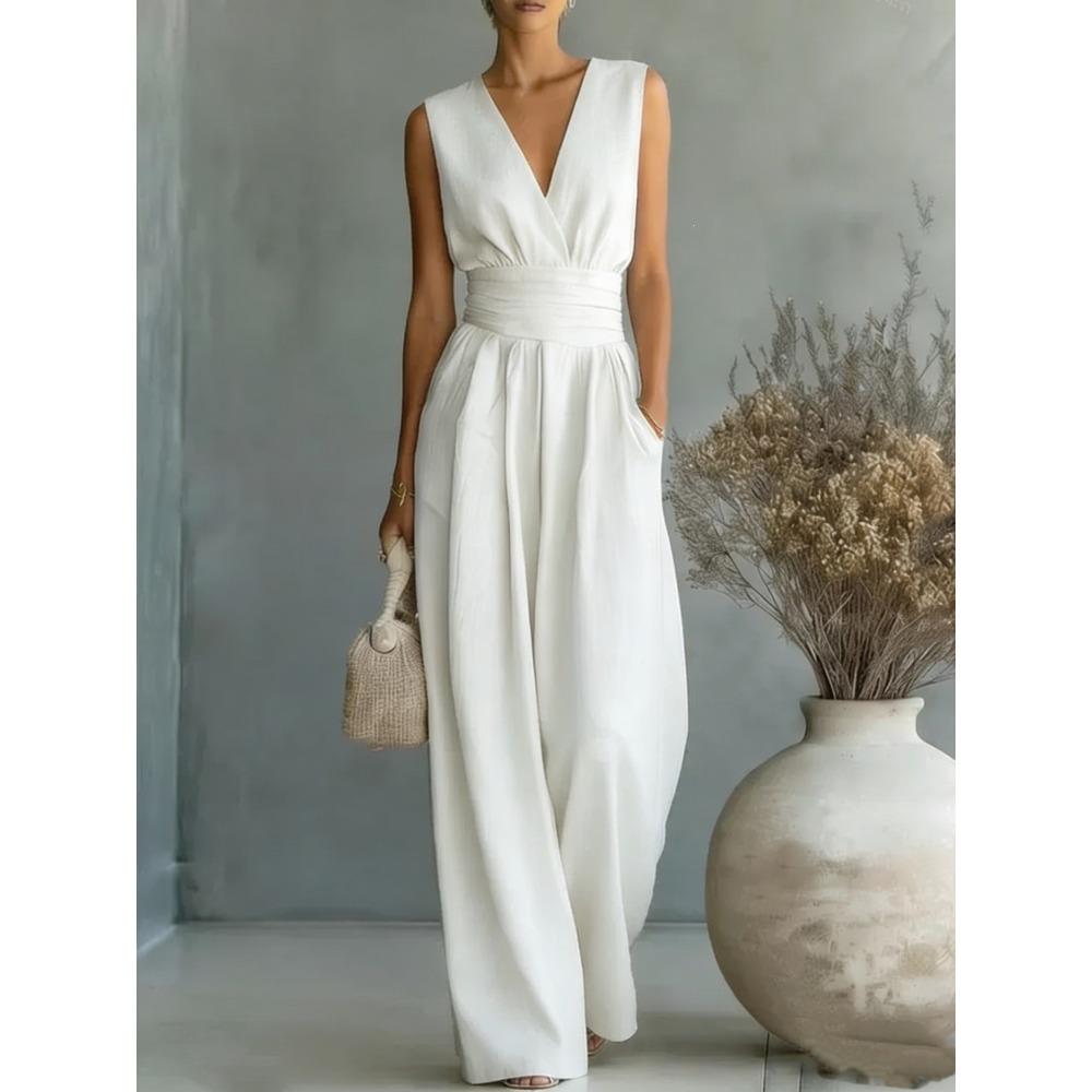 Women Spring Summer New V-neck Waist Slim Elegant Jumpsuit