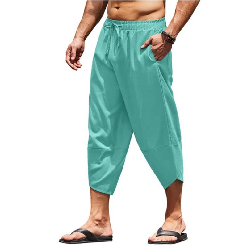 Men's Capri Summer Cotton and Linen Pants Pants Solid Color Scarf Elastic Waist Clamping Cord 3/4 Length Shorts Baggy Casual Pan