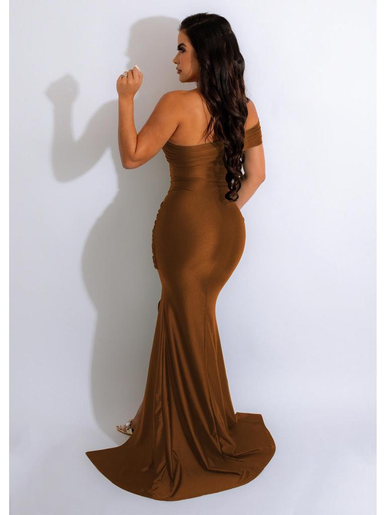 European & American Women's One-Shoulder Slit Evening Gown