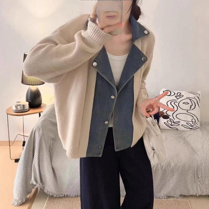Denim Splicing Design Sense Knitted Cardigan Autumn and Winter New Loose Sweater Jacket Women