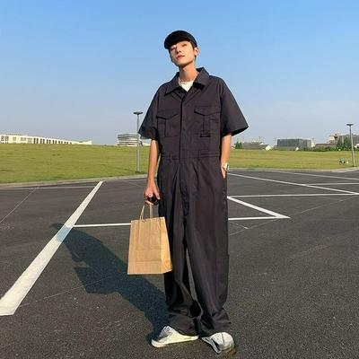 Street Overalls One-piece Men's Trendy Brand Hip-hop Short-sleeved Jumpsuit Suit Wide-leg Pants Straight-leg All-in-one Pants