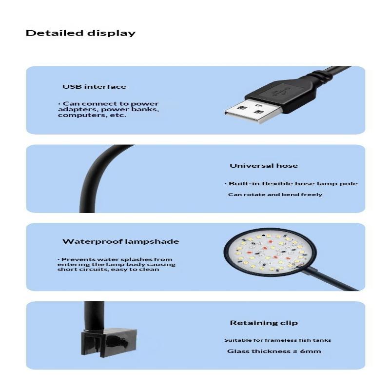 USB Aquarium LED Clip Lamp Flexible Bracket Multiple Modes Fish Tank Light for Small Aquatic Plant Tank Home Office Decor