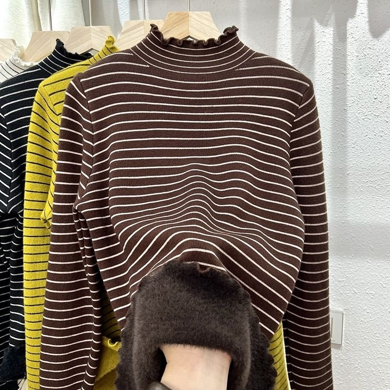 Autumn Winter Thickened Fleece-lined Pullover Elegant Long Sleeve Inner Wear Tops New Style Striped Warm Casual Tops Women 2025