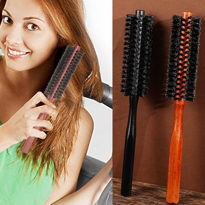 Boar Bristle Round Hair Brush Portable Hair Straightening Curling Volumizing Detangling Brush Men Women Hair Comb with Wooden Handle