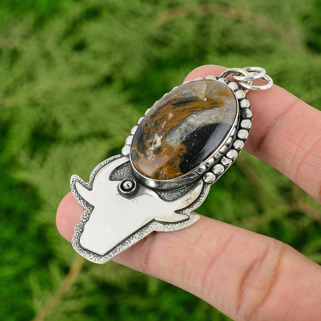 Daughters Day Deal Oval Golden Pietersite Stone Boho Pendant Jewelry 925 Silver