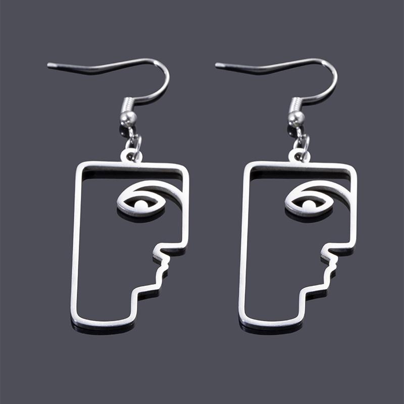 Fashion Silver Color Hollow Abstract Face Dangle Earrings Stainless Steel Earrings For Women Hip Hop Jewelry
