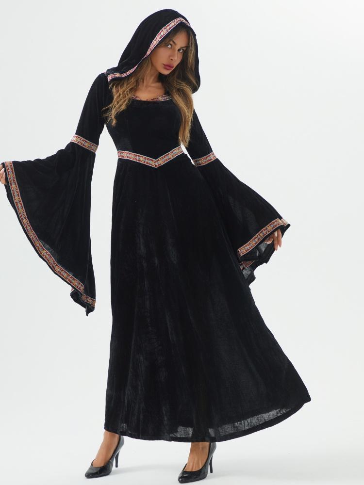 Mittelalterliches Retro-Gothic-Kapuzenpullover mit langem Hexenrock, luxuriöses Partykleid für Damen, Cosplay, Vampir, Halloween, Kostüm für Erwachsene