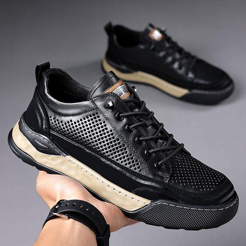 Men's board shoes casual leather shoes men's summer hollow breathable cool leather shoes real cowhide sports shoes youth shoes black