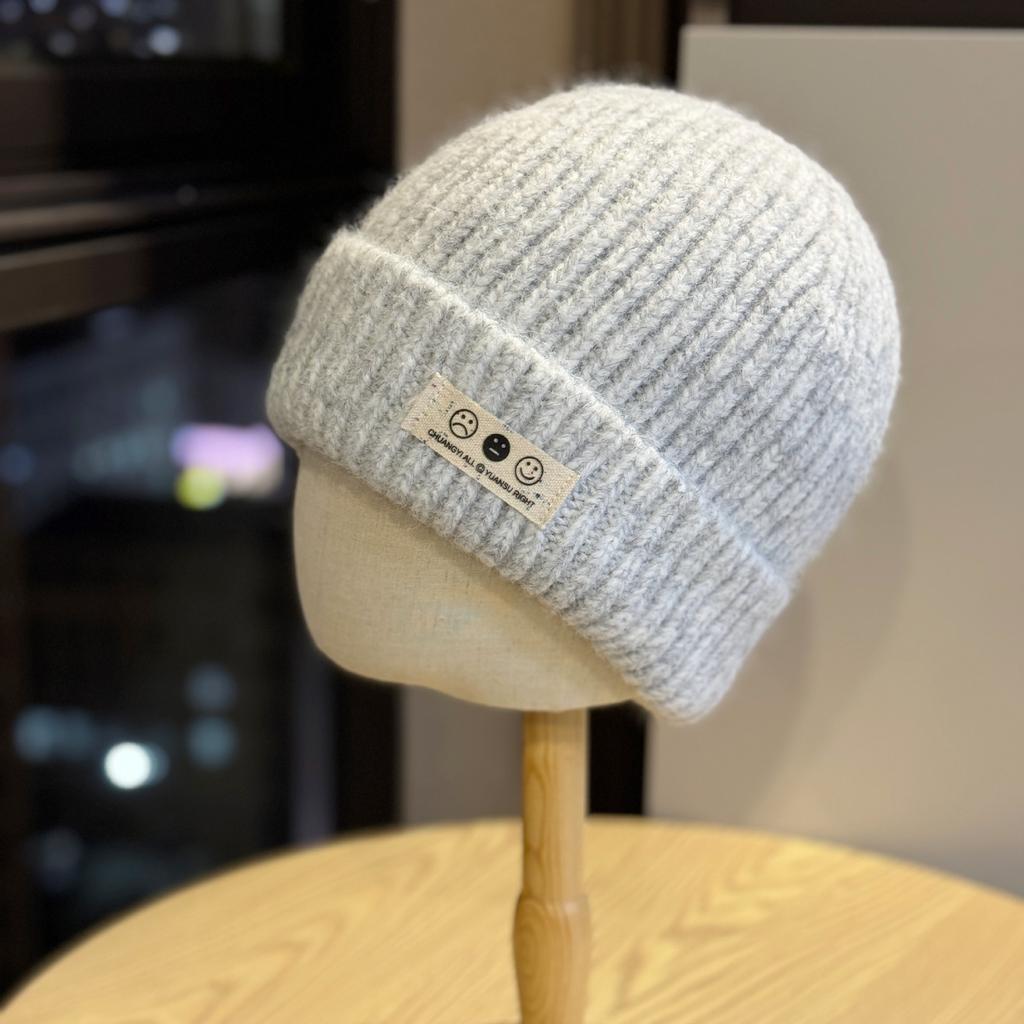 Korean Version Ins Smiling Face Wool Hat for Women Autumn and Winter New Thickened Warm Baotou Hat Showing Face Small Ear Protection Knitted Hat