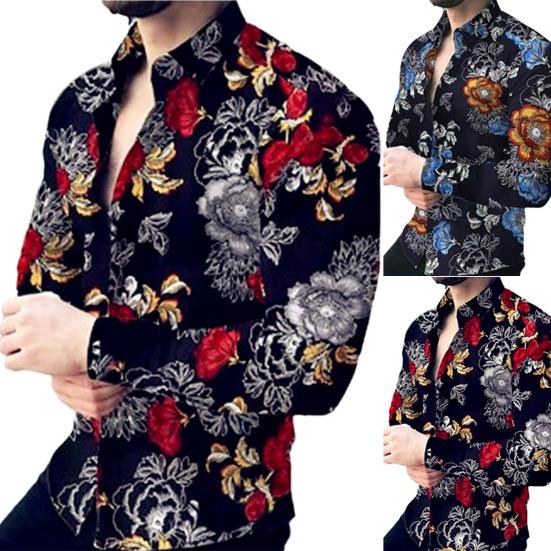 Eye-catching Men Shirt Fine Workmanship Polyester Long Sleeve Flower Pattern Men Shirt Top for Daily