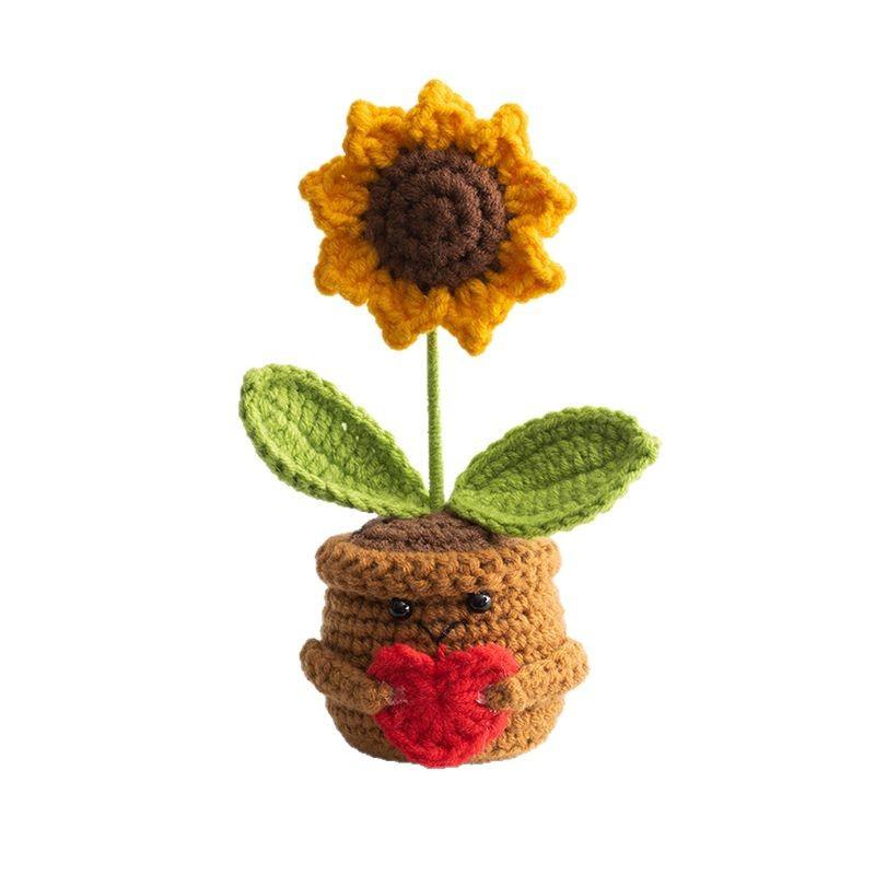 Positive Energy Heart Flower Rose Hand-woven Potted Home Room Decoration Finished Crochet Tulip Plants Ornament for Wedding Gift