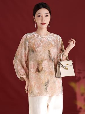 Women's Silk Velvet Jacquard Round Neck Top - Autumn