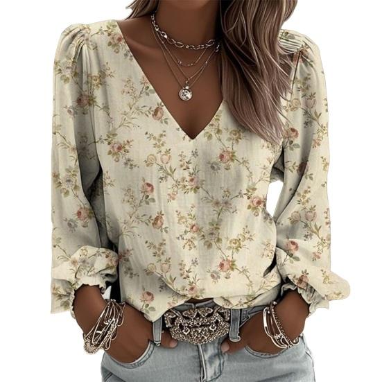 Yousheng Women Tops Retro Floral Print Puff Long Sleeve Shirt V-neck Loose Fit Casual Blouse Breathable Daily Wear