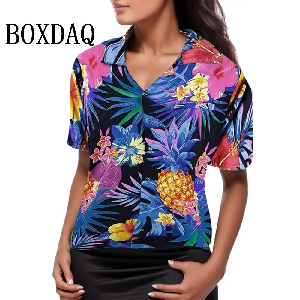 

Summer Fashion Women s Blouse Artistic Hawaiian Palm Tree Print Short Sleeve Lapel Casual Button Shirt Tops Women Hawaiian Shirt S