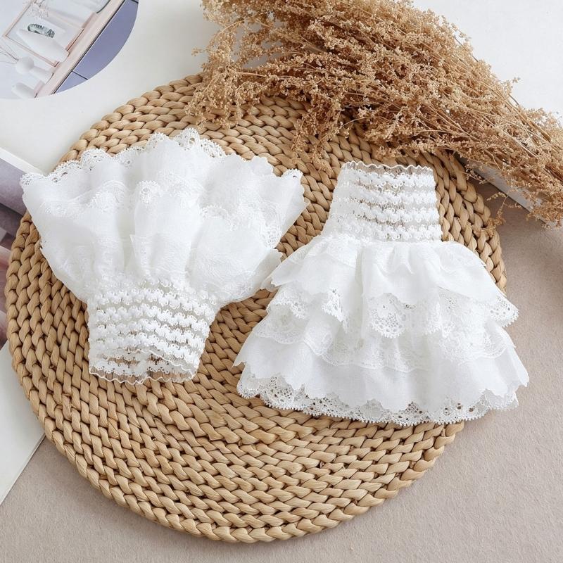 White Lace Faux Sleeves Pair with Gathered Opening for Top Styling Dress Looks and Costume Accessory Wear