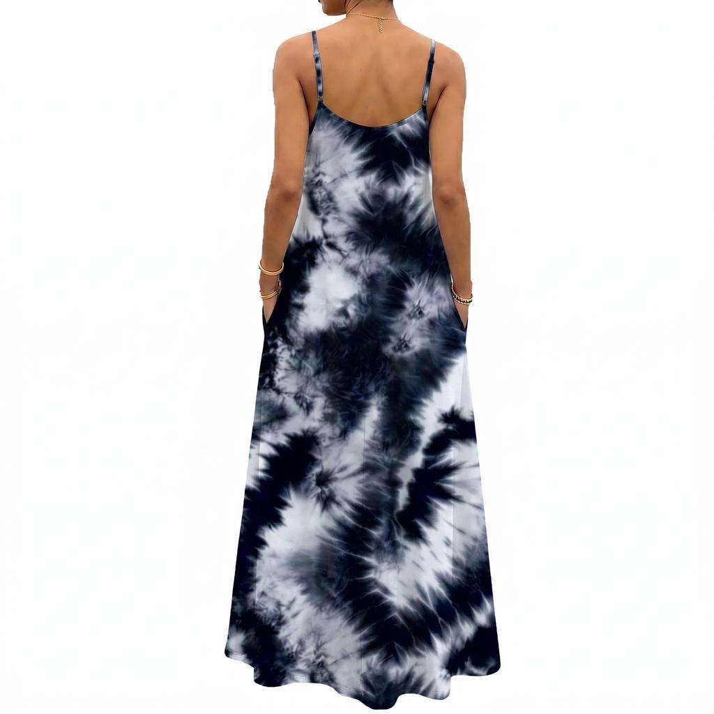 Damen Tie-Dye Maxikleid Ärmellos Spaghettiträger Lässig Lockerer Schnitt Lang Sommer-Sonnenkleid Mit Taschen Für Frühling Und Sommer