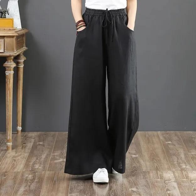 Pantalon ample en coton et lin pour femme, taille haute, coupe droite, printemps et été