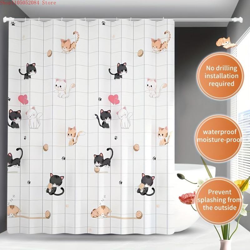 adorable feline stylish shower curtain bathroom - With Hooks Waterproof Mildew Proof Easy Install Washable