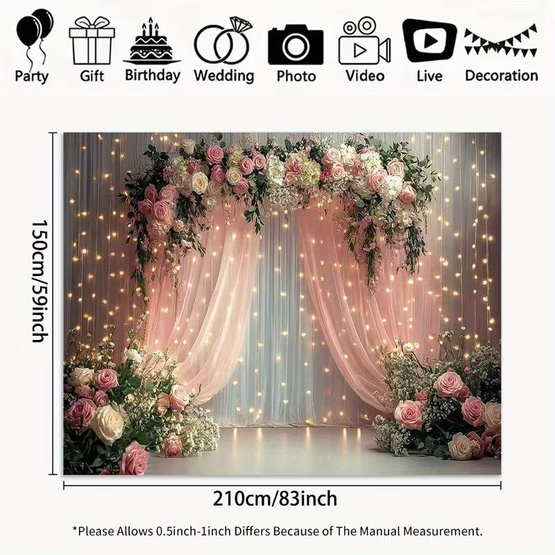 Pink Floral Wedding Arch Tapestry, Sheer Curtain with Lights Background Cloth, Romantic Party Backdrop