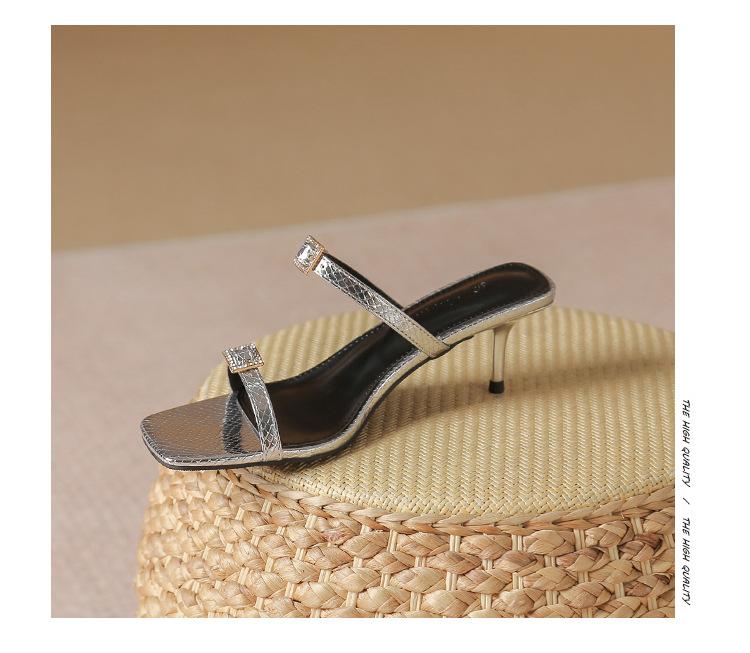 Fashion sexy ladies narrow band high heels summer slides shoes woman crystal buckle silver leather sandalias mujer metal heel flip flops