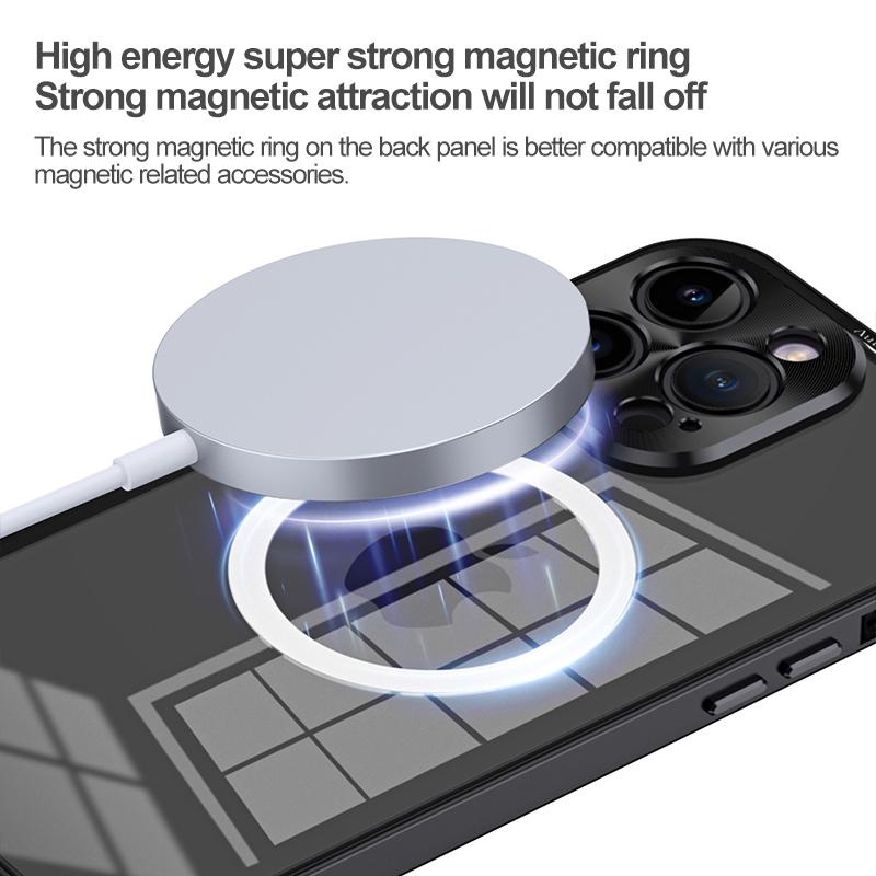 Aluminiumrahmen für kabelloses Laden, Aluminiumrahmen, magnetische Hülle für iPhone 15, 14, 13, 12 Pro Max, Objektivglas, schützende HD-transparente Rückwandplatine