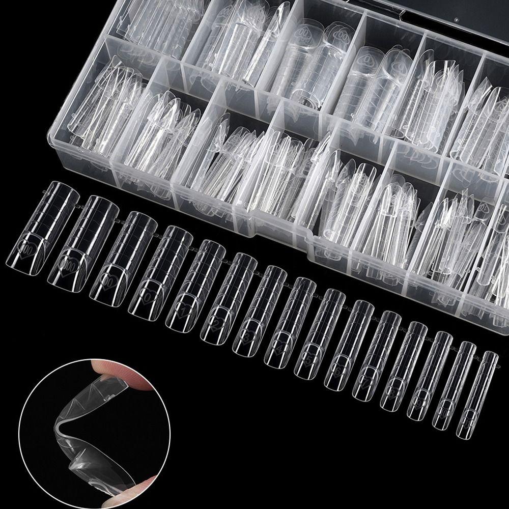 150Pcs 15 Sizes Clear Plastic Nails Transparent Reusable Full Cover Nail Tips Long Length Clear Nail Extension Builder