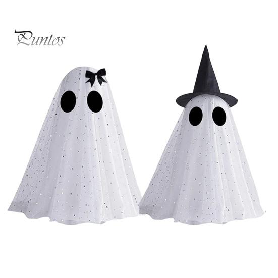 Versatile Holiday Window Display Halloween Ghost Decor, Spooky Sequin Mesh Fabric with Witch Hat/Bow, Healing Style Decor Small Standing Tabletop