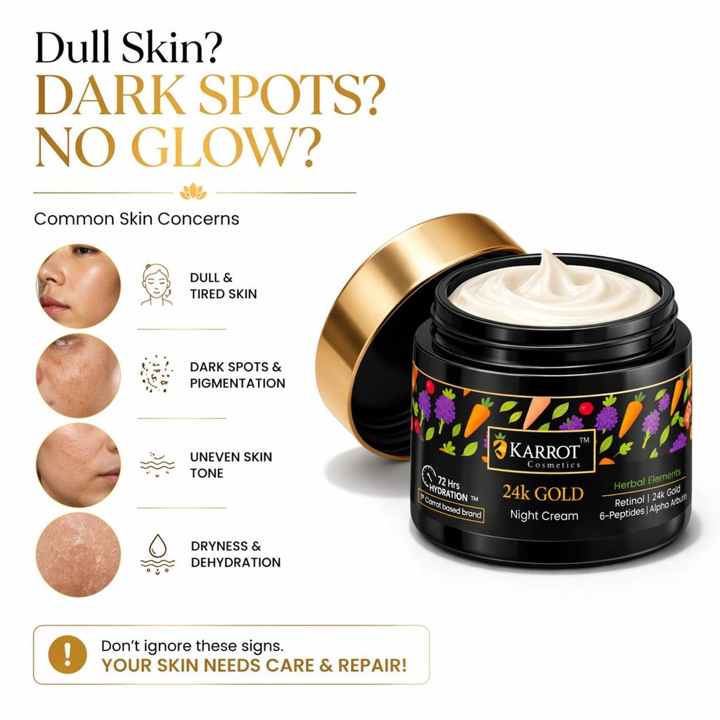 Karrot Cosmetics 24K Gold Night Cream (72 Hrs Hydration) | Retinol, Alpha Arbutin & 6 Peptides | Anti-Aging, Skin Brightening & Deep Hydration | Re