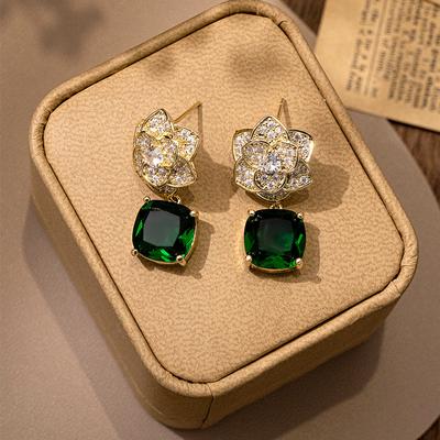 Douyin Explosive Black Camellia Zircon Earrings Women'S High-End Green Crystal Temperament Light Luxury Earrings