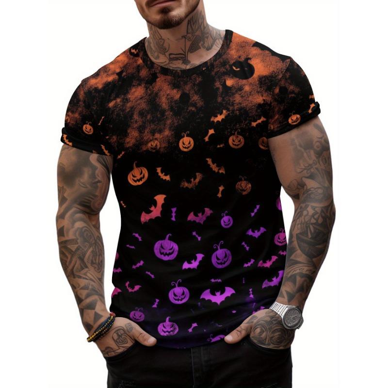 Herren Halloween 3D Kürbis Fledermaus Bedrucktes T-Shirt Lässiges Kurzarm Rundhals Oberteil Cool Gruselig Jack-O-Lantern Orange Lila Grafik Sommer Streetwear T-Shirt