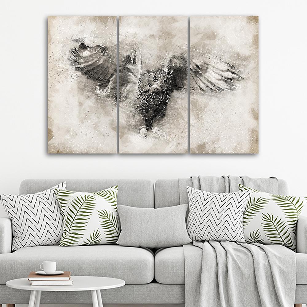 Three Piece Picture Canvas Print Owl Birds Grey Vintage