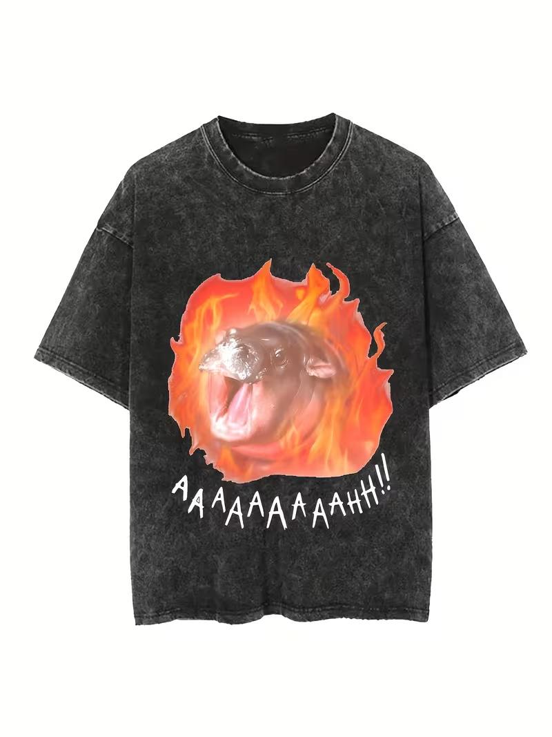 

Black Retro Washed Vintage Design with Dark Moo Deng Hippopotamus Print Tshirt Fashion Trend S