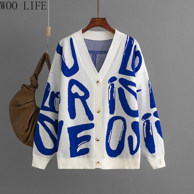 Women Letter Print Cardigan Knit Button Down Long Sleeve Open Front Sweater New Fall Winter Fashion