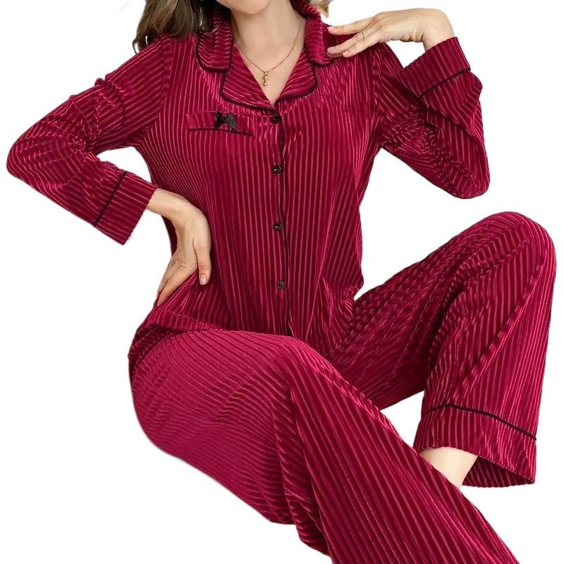 European and American cross-border pajamas bow lapel long-sleeved trousers casual women's loungewear two-piece set foreign trade