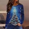 Women's Fashion Casual Slit Hem Round Neck Long Sleeve Loose Christmas Printed T-Shirt Ladies Top