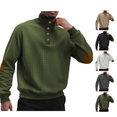 Pull à manches longues pour homme, sport de loisirs en extérieur, à petits carreaux, col montant, boutonné, sweat d'extérieur