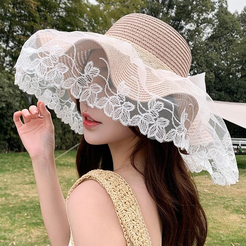 Summer Bow Sun Hat Female, Seaside Beach Vacation Sun Hat Outdoor Big Brim Sun Hat Sweet Straw Hat